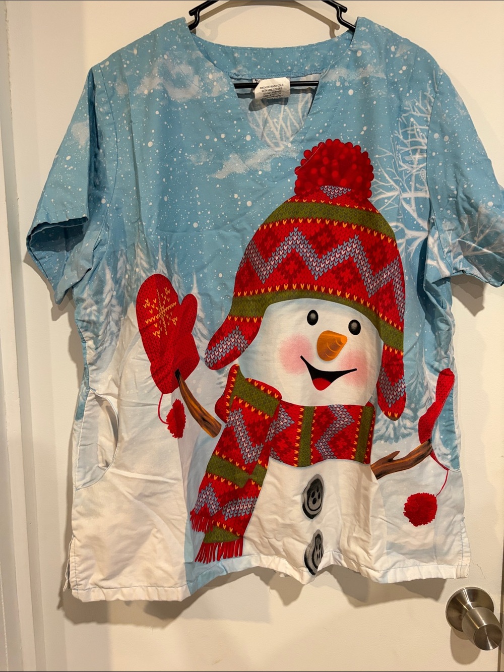 UA Scrubs Light Blue Snowman Tee with Red Accents